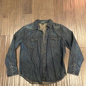 Vintage Ralph Lauren Denim Button-Up Shirt with Embroidered Details. Size Large